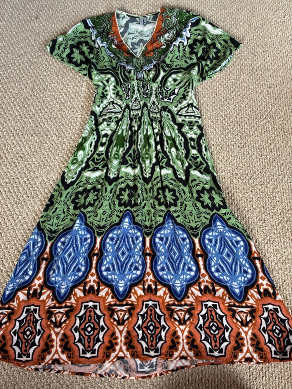 Blank London Anthropologie Smocked Multi Color Tatiana Kaftan OS Boho Dress